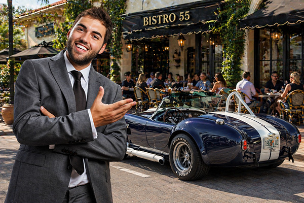 Successful broker with car at restaurant