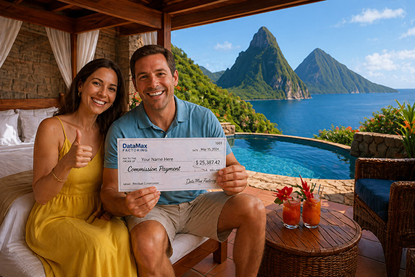Couple holding a commission check at an island resort.